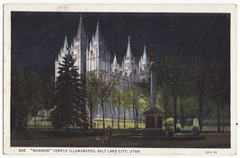 Salt Lake City UT Mormon Temple Church Illuminated at Night 1930s postca... - $2.71
