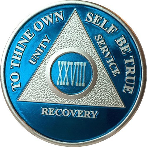 Blue & Silver Plated 28 Year AA Alcoholics Anonymous Sobriety Medallion Chip ...