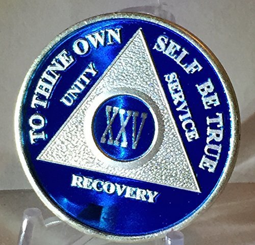 Blue Silver Plated 25 Year AA Alcoholics Anonymous Medallion Sobriety Chip Re...
