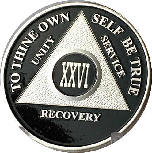 Black & Silver Plated 26 Year AA Alcoholics Anonymous Sobriety Medallion Viny...