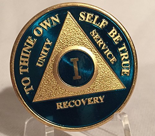 1 Year Blue Gold Plated AA Alcoholics Anonymous Medallion Sobriety Chip & Mat...