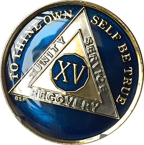 15 Year Midnight Blue AA Medallion Sobriety Chip Tri Plate Gold & Nickel