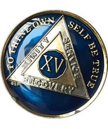 15 Year Midnight Blue AA Medallion Sobriety Chip Tri Plate Gold &amp; Nickel - $17.99