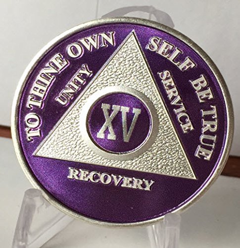 Purple & Silver Plated 15 Year AA Alcoholics Anonymous Medallion Chip Fifteen...