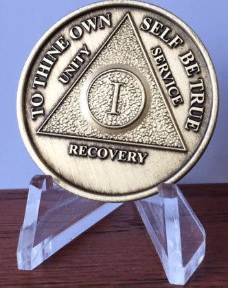 AA Alcoholics Anonymous 1 Year Medallion Chip & Stand Holder Bronze One Seren...
