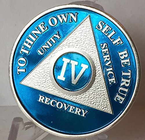 Blue Silver Plated 4 Year AA Alcoholics Anonymous Medallion Sobriety Chip Rec...