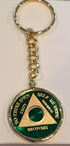 Any Year 1 - 65 Green Gold Plated AA Medallion In Keychain Removable Sobriety...