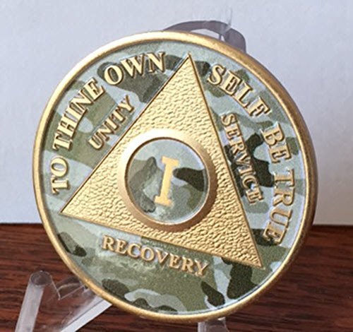 Camo & Gold Plated One Year AA Alcoholics Anonymous Medallion Camouflage Chip...
