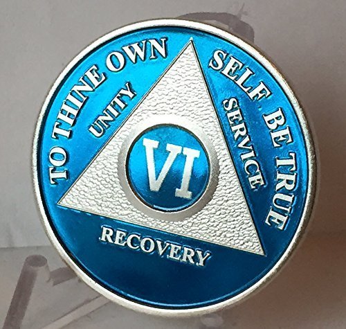 Blue Silver Plated 6 Year AA Alcoholics Anonymous Medallion Sobriety Chip Rec...