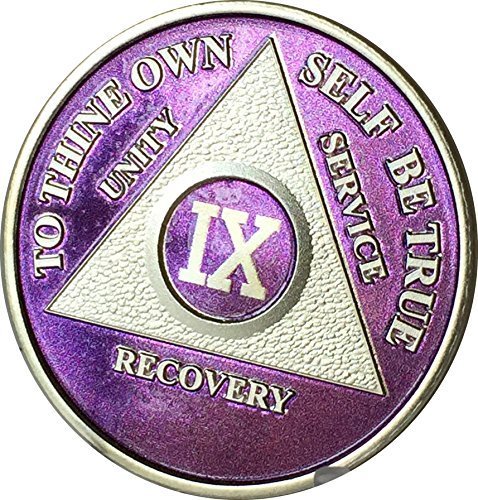 Purple & Silver Plated 9 Year AA Alcoholics Anonymous Medallion Chip Nine Yea...