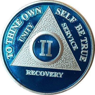 Blue Silver Plated 2 Year AA Alcoholics Anonymous Medallion Sobriety Chip Rec...