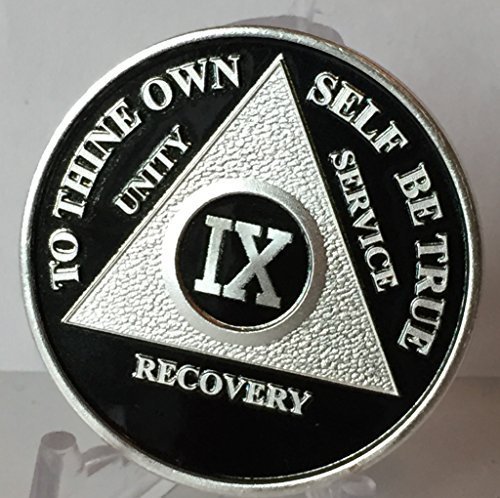Black & Silver Plated 9 Year AA Alcoholics Anonymous Sobriety Medallion Vinyl...
