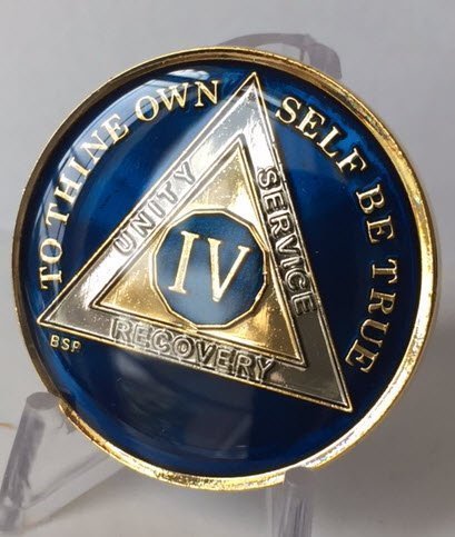 4 Year Midnight Blue AA Alcoholics Anonymous Medallion Chip Tri Plate Gold & ...