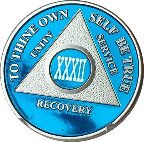 Blue & Silver Plated 32 Year AA Alcoholics Anonymous Sobriety Medallion Chip ...