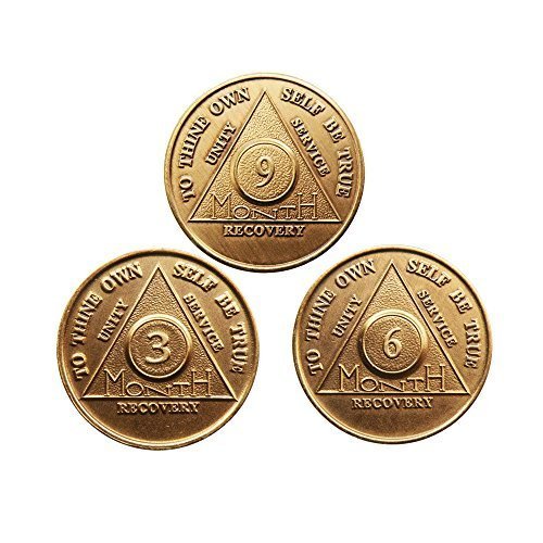 Set of AA Alcoholics Anonymous Medallions 3 6 9 Month 90 Days Chips Bronze Mo...