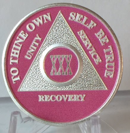 Pink & Silver Plated 30 Year AA Alcoholics Anonymous Medallion Chip