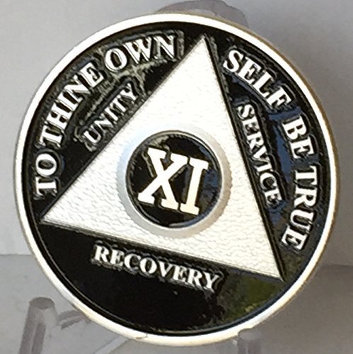 Black & Silver Plated 11 Year AA Alcoholics Anonymous Sobriety Medallion Viny...