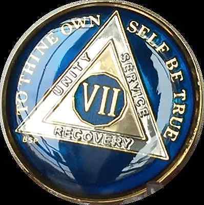 7 Year Midnight Blue AA Medallion Alcoholics Anonymous Chip Gold Tri-Plate Seven