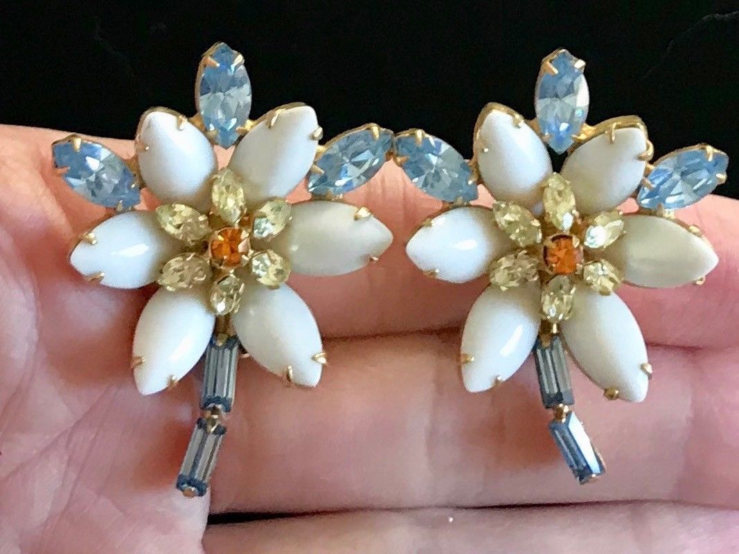 Primary image for ALICE CAVINESS signed Flower Rhinestone Clip-on EARRINGS - 1 3/4 inches