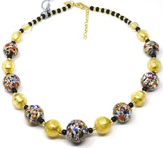 NECKLACE MACULATE MULTI COLOR MURANO GLASS BIG SPHERES, GOLD LEAF, ITALY MADE image 1