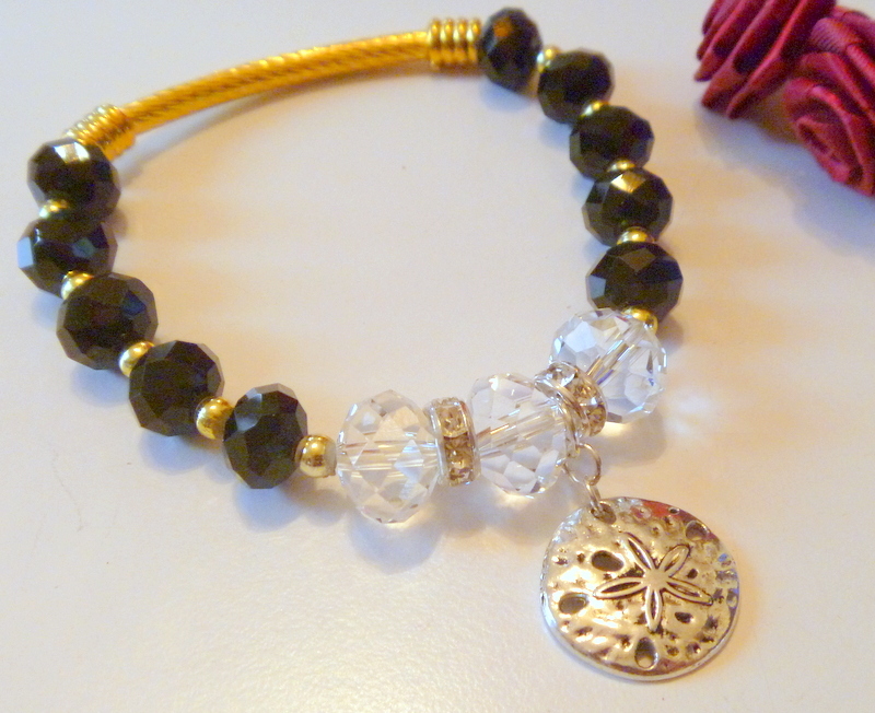 Black and Clear Crystal Stretchable Bracelet with Sand Dollar Charm Fits Large Bracelets