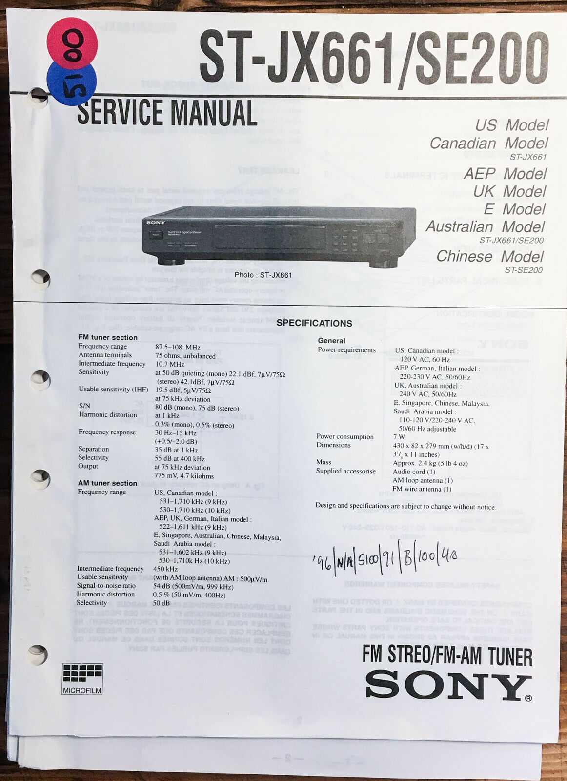 Sony ST-JX661 ST-SE200 Tuner Service Manual *Original* - Vintage Parts