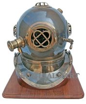 U.S Navy Mark V Diving Divers Helmet With Wooden Base Brown Antique Finish