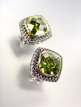 EXQUISITE Balinese Silver Wheat Cable Gold Olive Green CZ Crystal Square Earring - $25.99