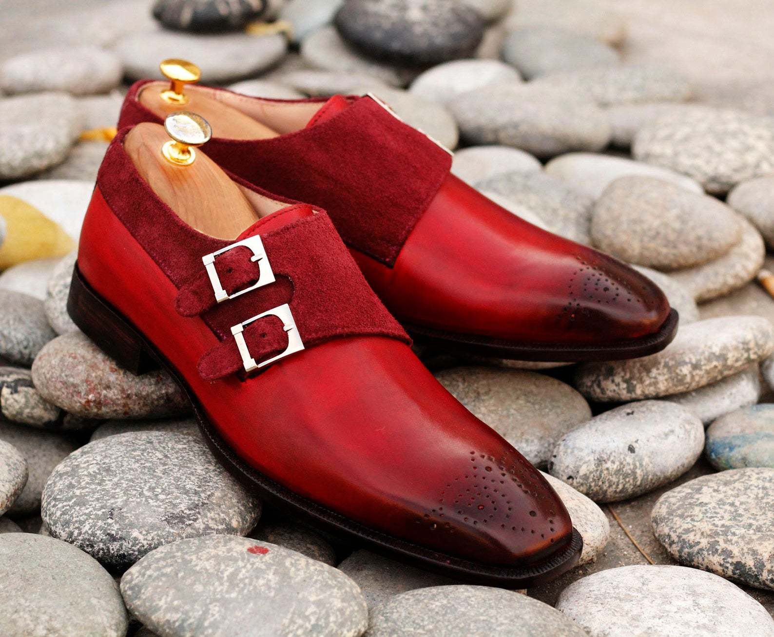 New Handmade Pure Leather Suede Burgundy Double Monk Strap Brogue Toe Dress Shoe