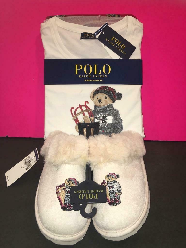 Ralph Lauren Sled Polo Bear Women's Pajamas Faux Shearling Fur Slippers Set M 8 - Regular M