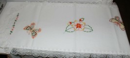 Vintage Laced edge Table Runner Dresser Scarf Embroidered Butterflies &amp; ... - $12.86
