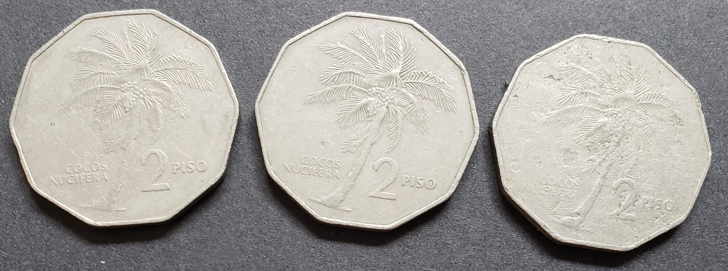 Three Philippine Two Peso Coins Andres Bonifacio Cocos Nucifera 1983