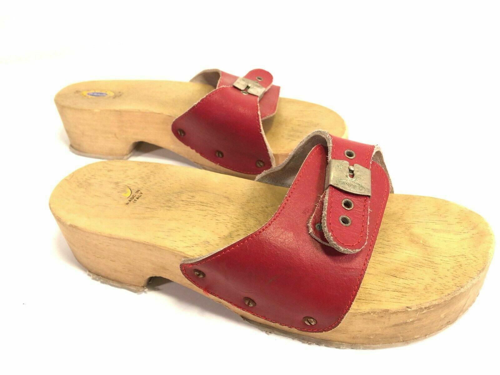 Dr Scholls Wood Clogs Mules Sandals Shoes Womens 10 Red Leather Made In ...