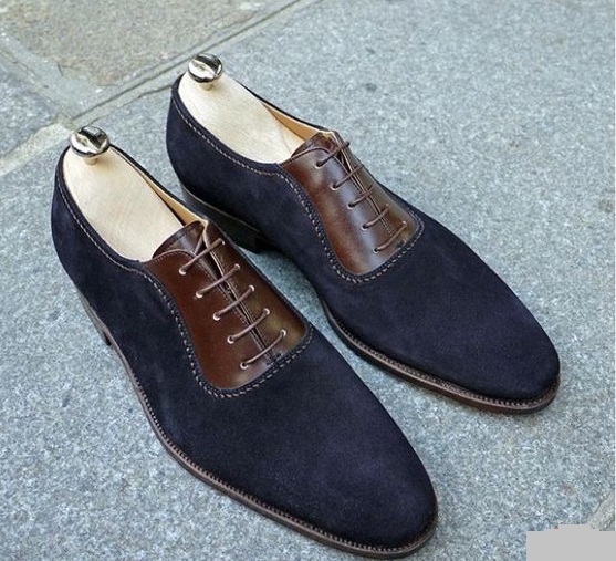 New Hand Stitched Blue Suede Brown Leather Shoes Shoes Men Oxford Dress ...