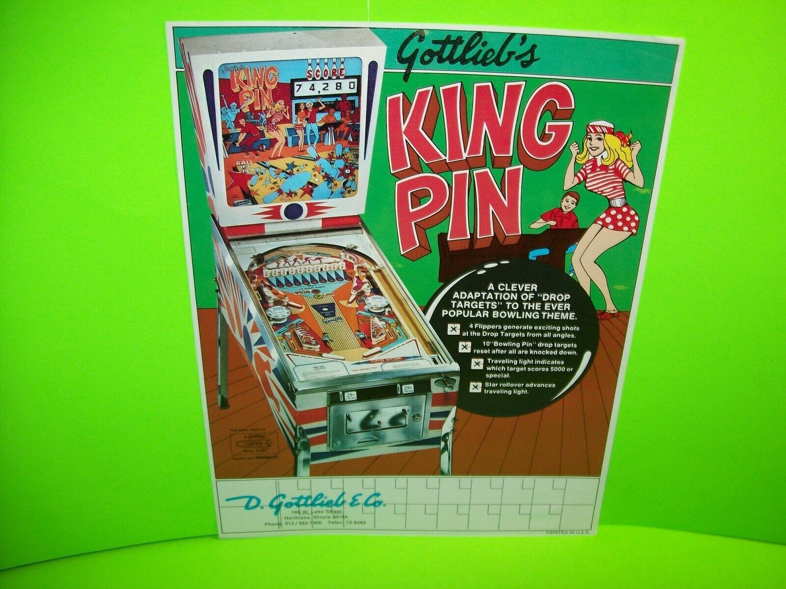 King Pin Pinball FLYER Original Gottlieb 1973 Game Artwork Sheet ...