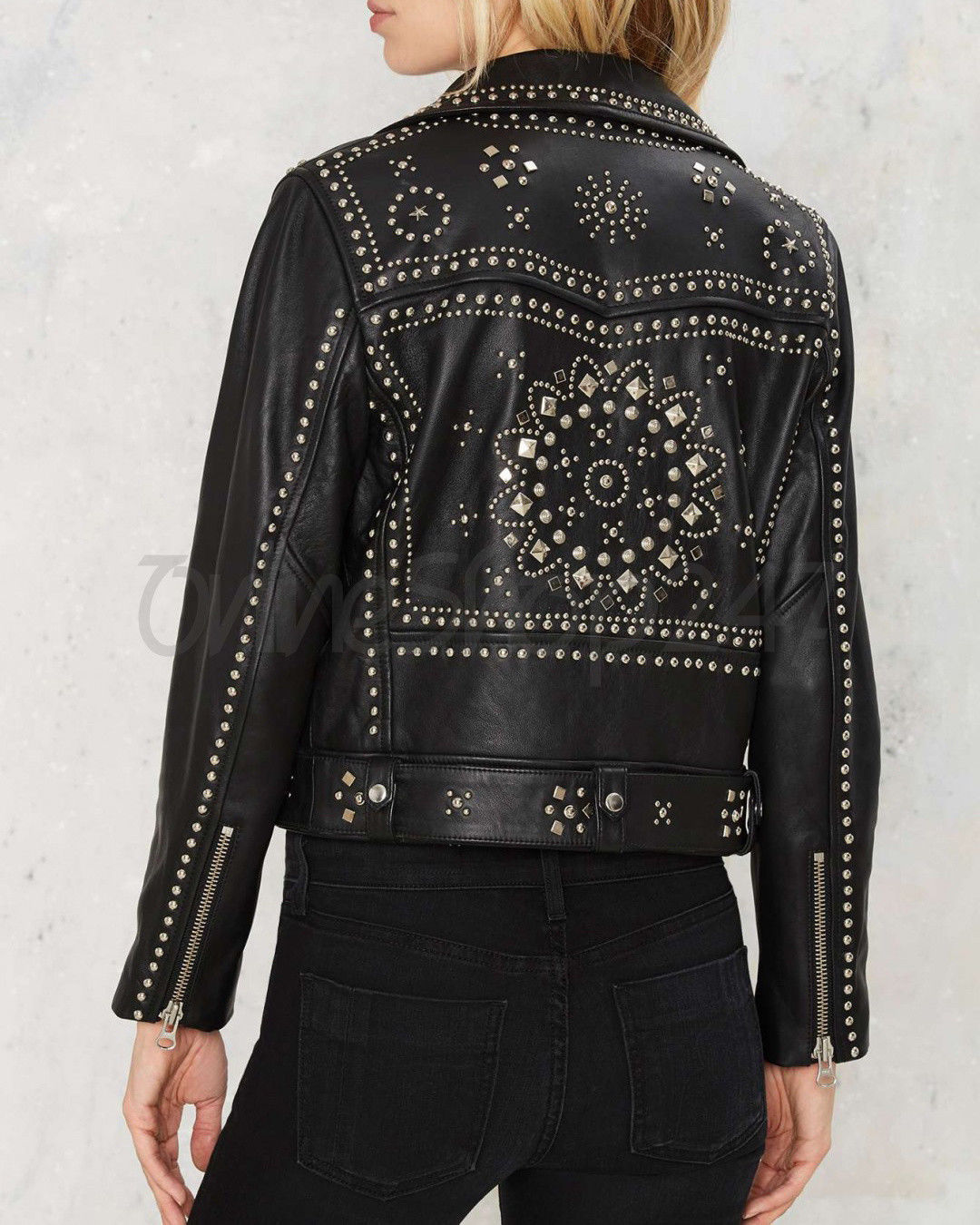 New Women Black Custom Designed Rounded Metal Studded Brando Leather Jacket
