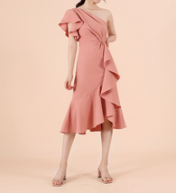 One Shoulder Midi Formal Dress Outfit Summer Wedding Bridesmaid Chiffon Dress  image 8