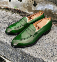 Handmade Men's Green Leather Slip Ons Loafer Shoes image 1