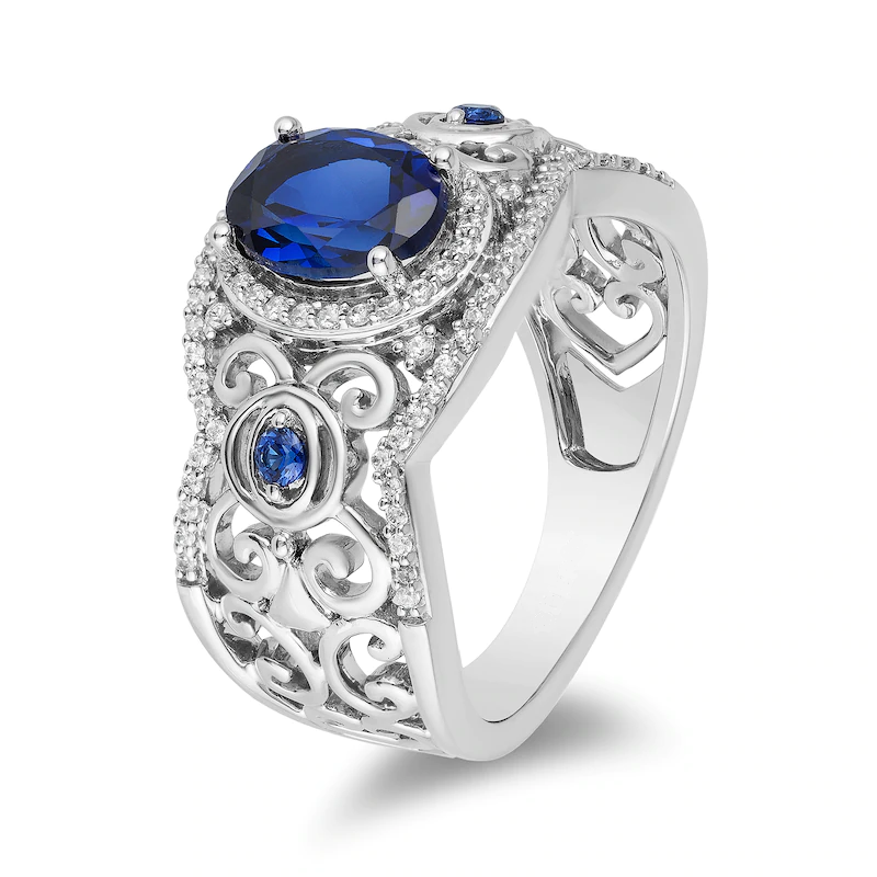 Enchanted Disney Cinderella Oval Blue Sapphire 1/4 CT.Diamond Scroll Silver Ring