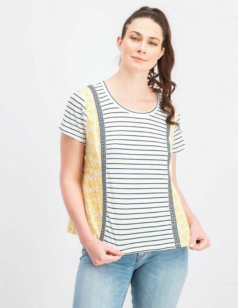 Style & Co Women's Mixed-Print Striped T-Shirt, Harmony Yellow Plus 1X NEW