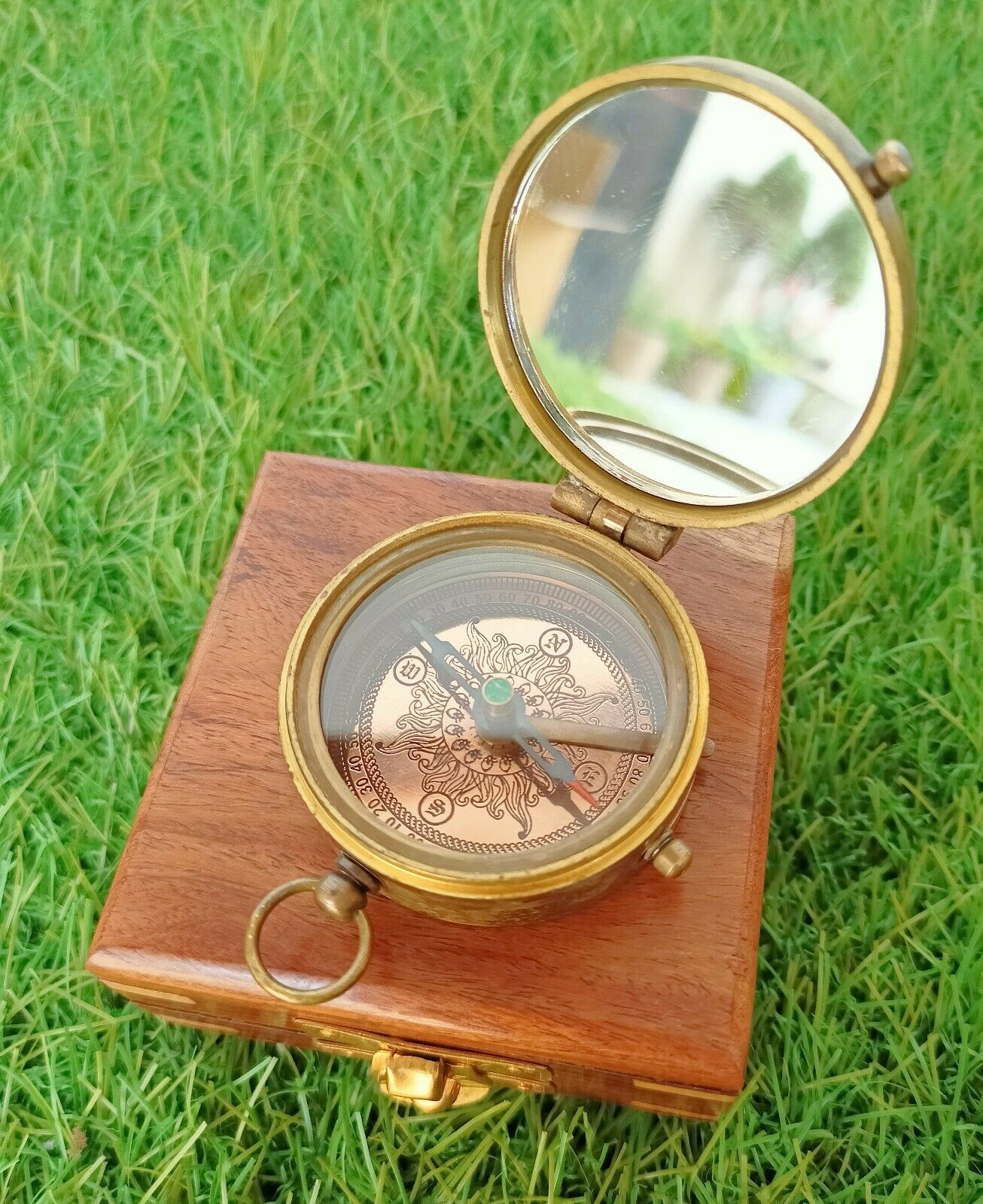 Nautical Brass Marine Locket Compass Collectible With Natural Wooden Box Gift 