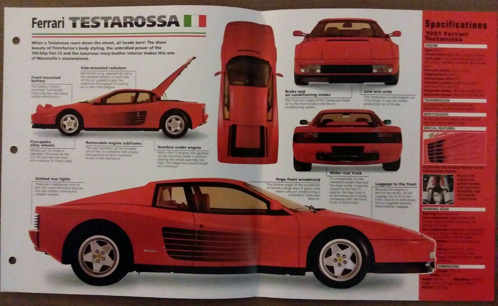 Ferrari Testarossa SPECIFICATION SHEET Brochure Pamphlet Statistics ...