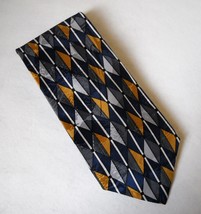 Bill Blass Navy Blue Gold Gray Neck Tie 100% Silk Geometric Diamond Stripe Mens - $27.00