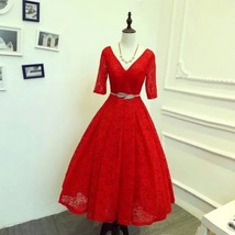 Rosyfancy 1/2 Sleeved V-neck Puffy Skirt Tea Length Prom Party Homecoming Dress - $175.00