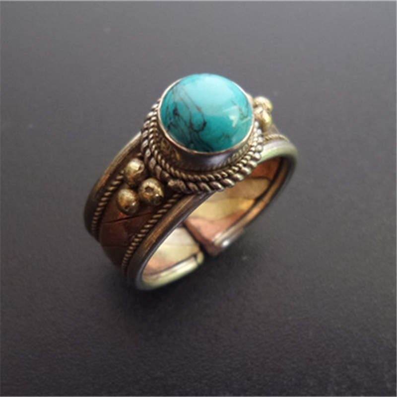 R161 Nepal Rose Copper Inlaid Stone Rings Vintage Open Ring for Girls