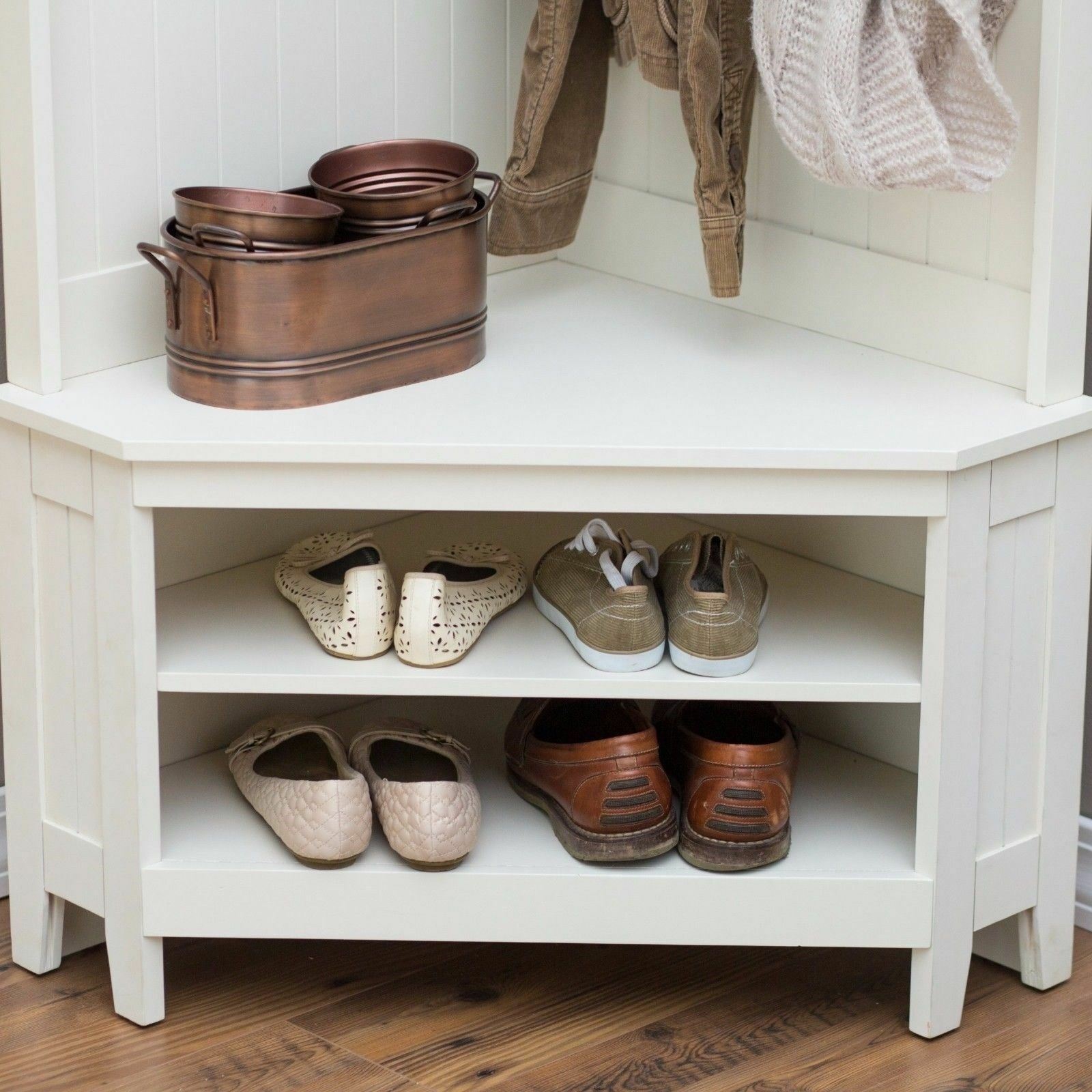 White Finish Wooden Corner Hall Tree Coat Rack Hat Hooks Storage Stand Bench Coat & Hat Racks