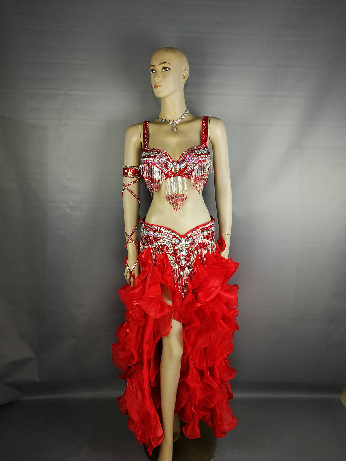 FREE SHIPPING Hand Beaded Belly Dance Samba Costume red color bra+ belt +skirt+a
