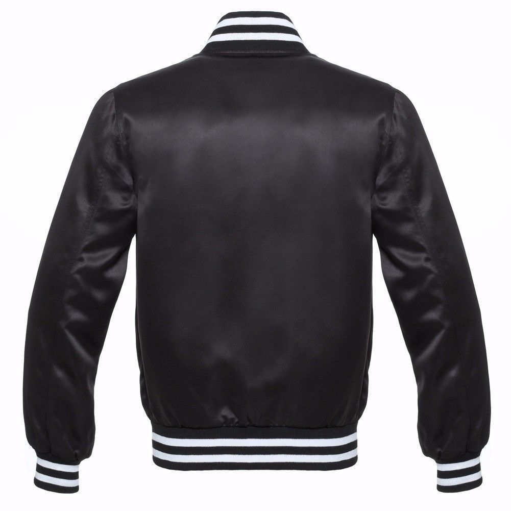 BLACK SATIN Varsity Letterman Bomber BASEBALL Jacket* BLACK & WHITE RIB ...