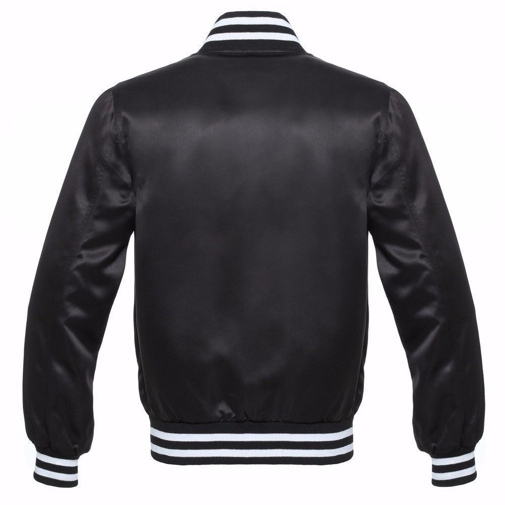 Black Satin Varsity Letterman Bomber Baseball Jacket Black And White Rib Outerwear 