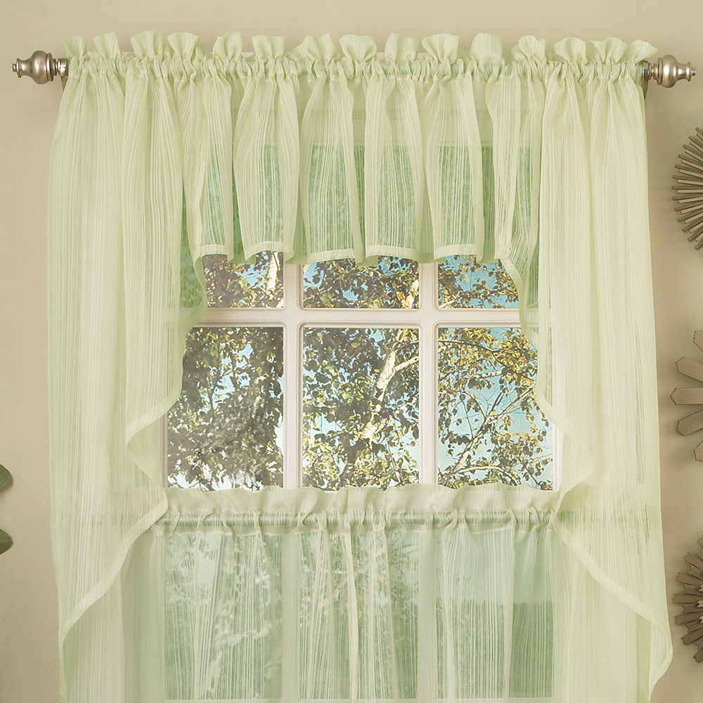 Harmony Green Micro Stripe Semi Sheer Kitchen Curtains Tier or Valance ...